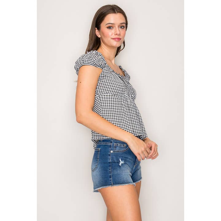 Popular 21 - Wholesale Knit Top - Women's - Gingham Babydoll Top with Square Neck and Tie