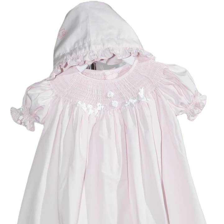Pink Geometric Smocked with Ribbon Flowers Short Sleeve Bishop Dress & Beautiful Bonnet for wholesale by Hello Bebes!