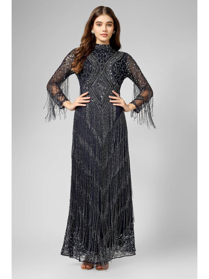 Lissy Navy Blue Fringe Maxi Dress for wholesale on Faire