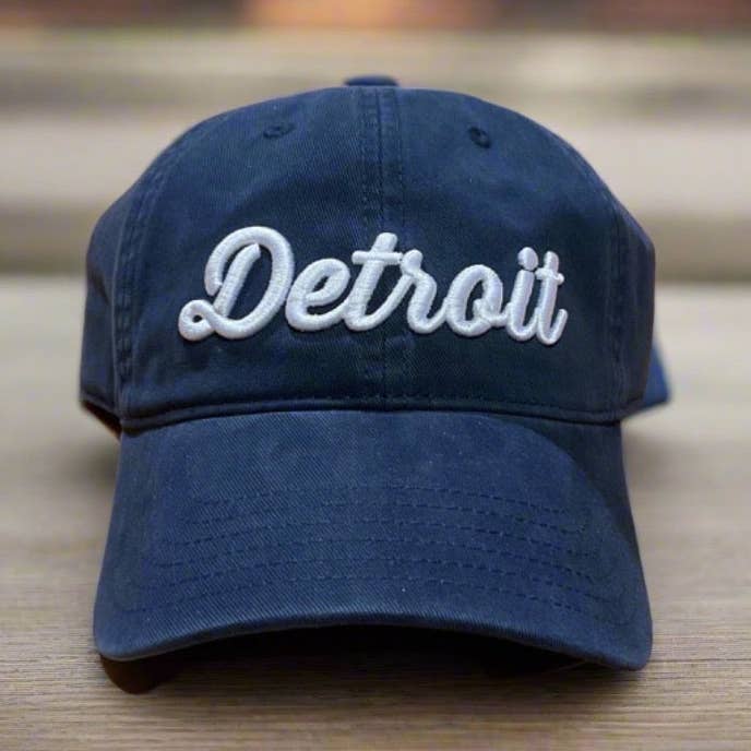 Hat - Navy Detroit Script Unstructured for wholesale by Detroit Shirt Co.