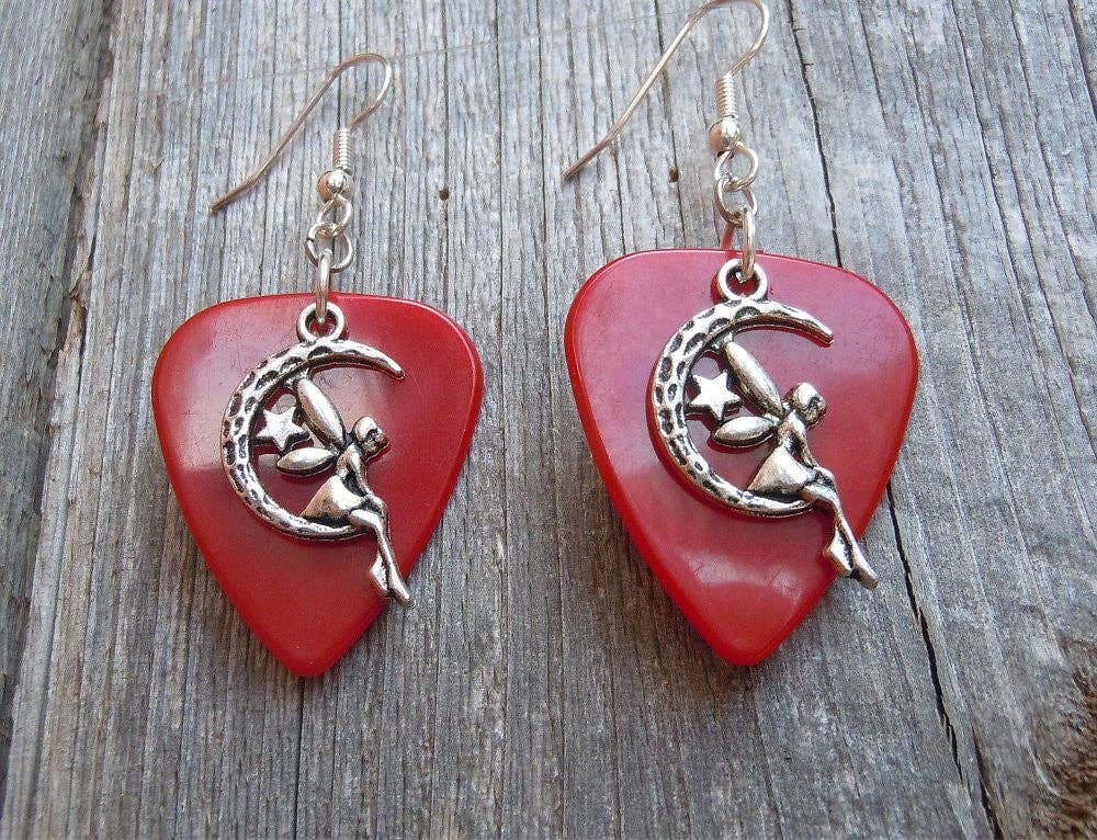 Simply Raevyn - Wholesale Dangle Earrings - Fairy on the Half Moon Charm Guitar Pick Earrings17