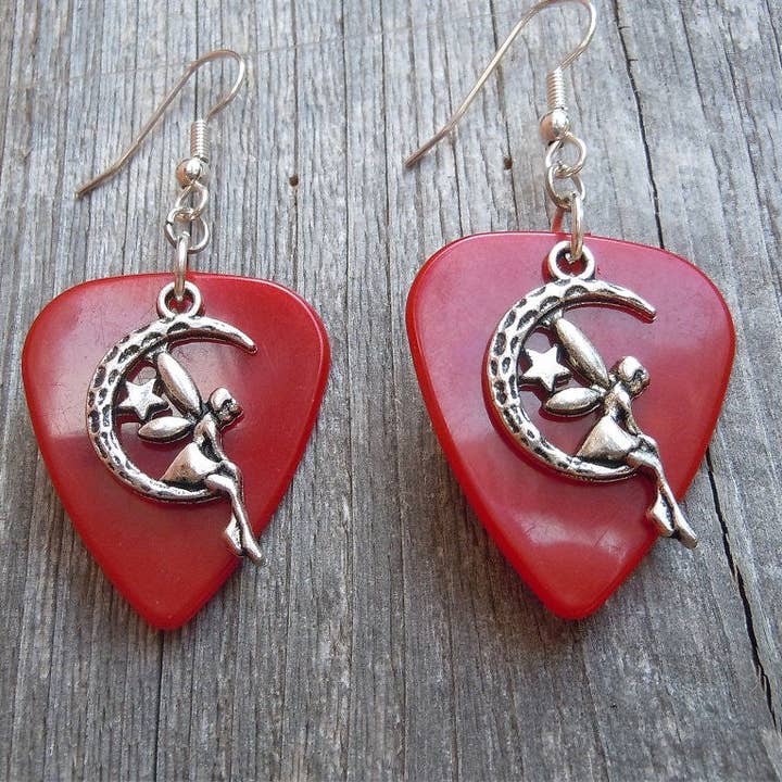 Simply Raevyn - Wholesale Dangle Earrings - Fairy on the Half Moon Charm Guitar Pick Earrings17