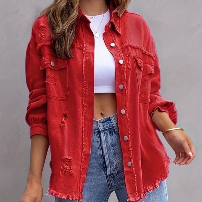 Ripped Long-Sleeved Denim Jacket and other Purchase Wholesale veste en jean. Free Returns & Net 60 Terms on Faire trending on Faire.