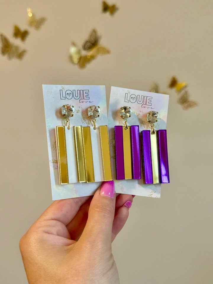 Gold Purple Acrylic Louisiana LSU Tigers Mardi Gras Earrings for wholesale by Louie Love
