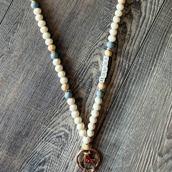 JILLIAN INK LLC - Wholesale Lanyard - Unisex - Teach Grey and Wood Beaded Lanyard with Breakaway Clasp