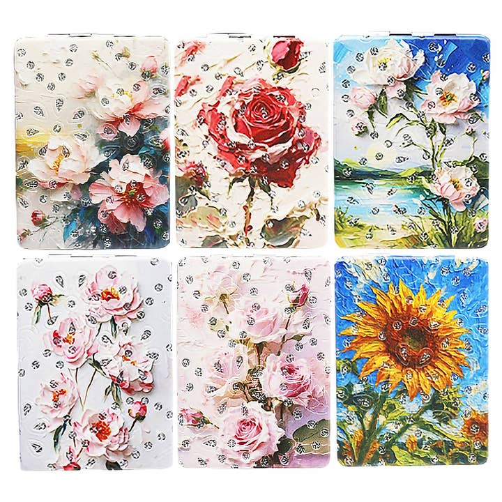 ASSORTED Floral Oil Paint Print Glitter Compact Mirror for wholesale on Faire1