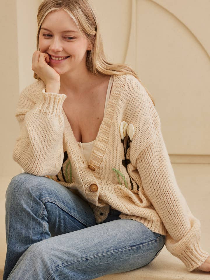 Cream Flower Embroidered Knit Cardigan for wholesale on Faire
