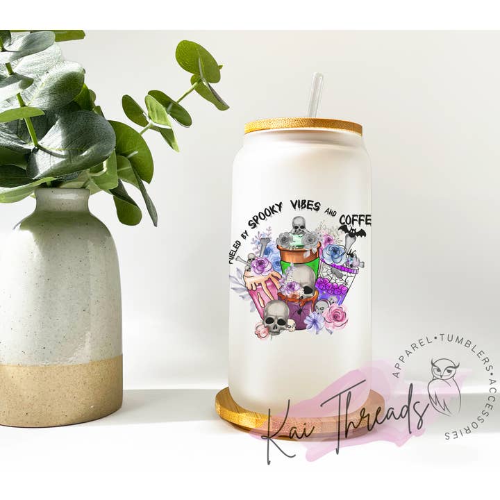 Halloween vibes glass can cup | glass soda can cup with lid for wholesale by Kai Threads
