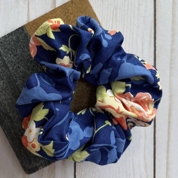 Blue Floral Cotton Handmade Scrunchie for wholesale by QuietJoy