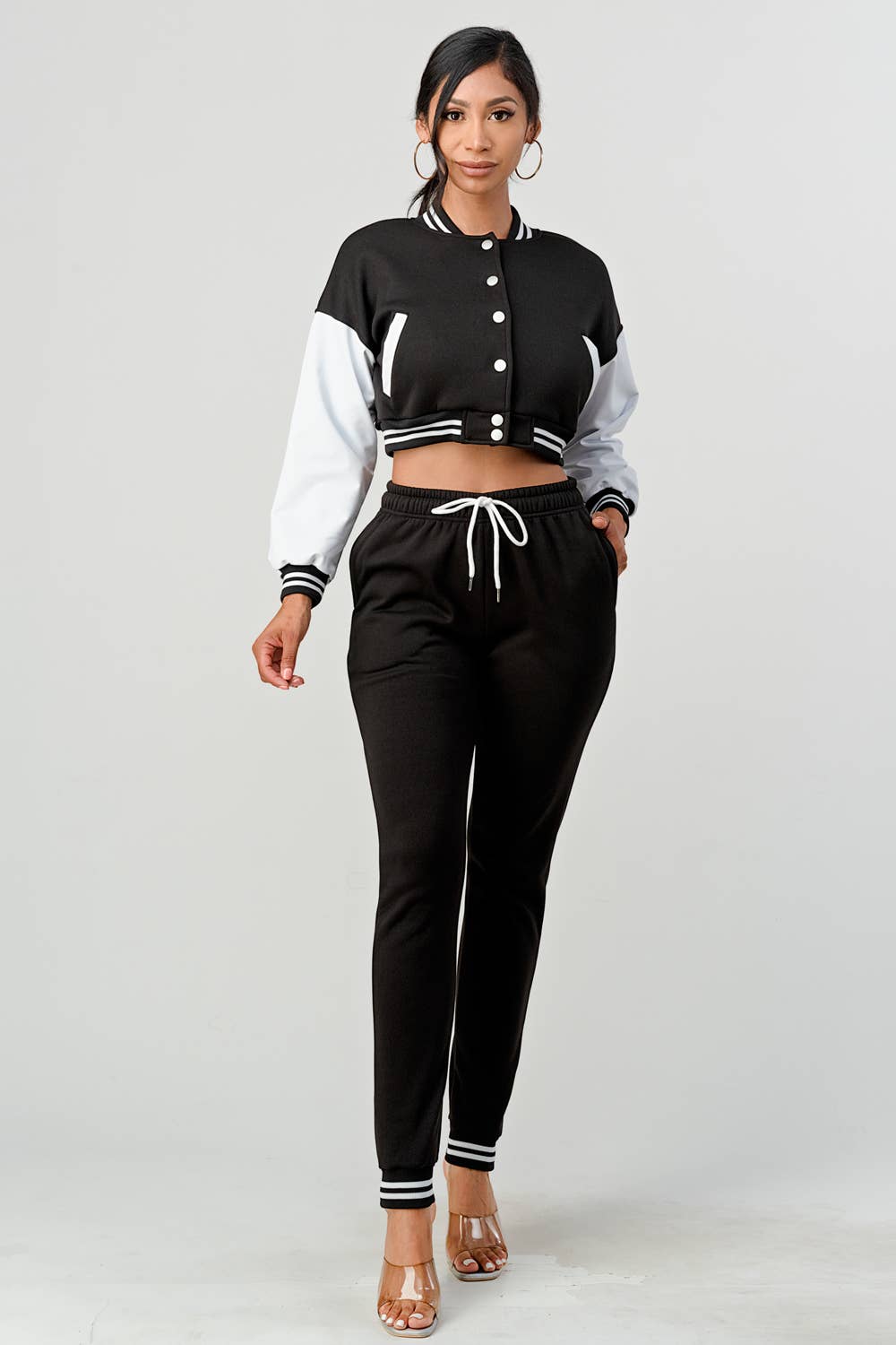 Lime All the Time - Wholesale Lounge Set - Women's - Cropped Varsity Jacket and Jogger Pants Set0