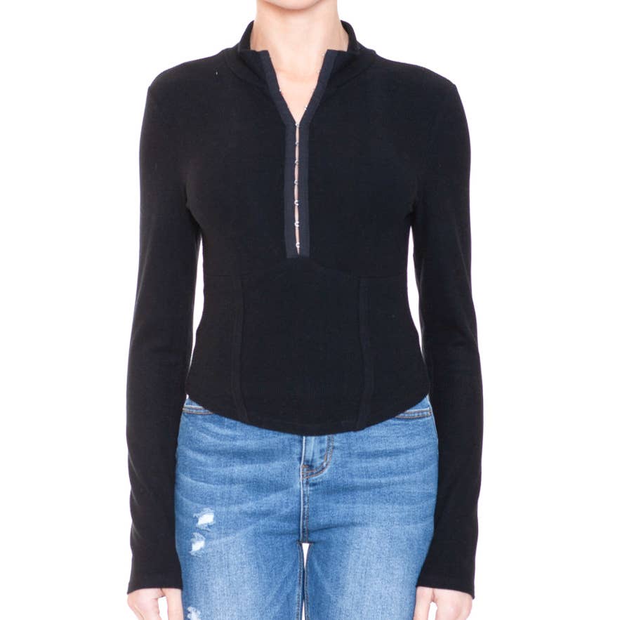 FREEZIA - Wholesale Knit Top - Women's - RIBBED LONG SLEEVE TOP WITH HOOK AND EYE-F757390