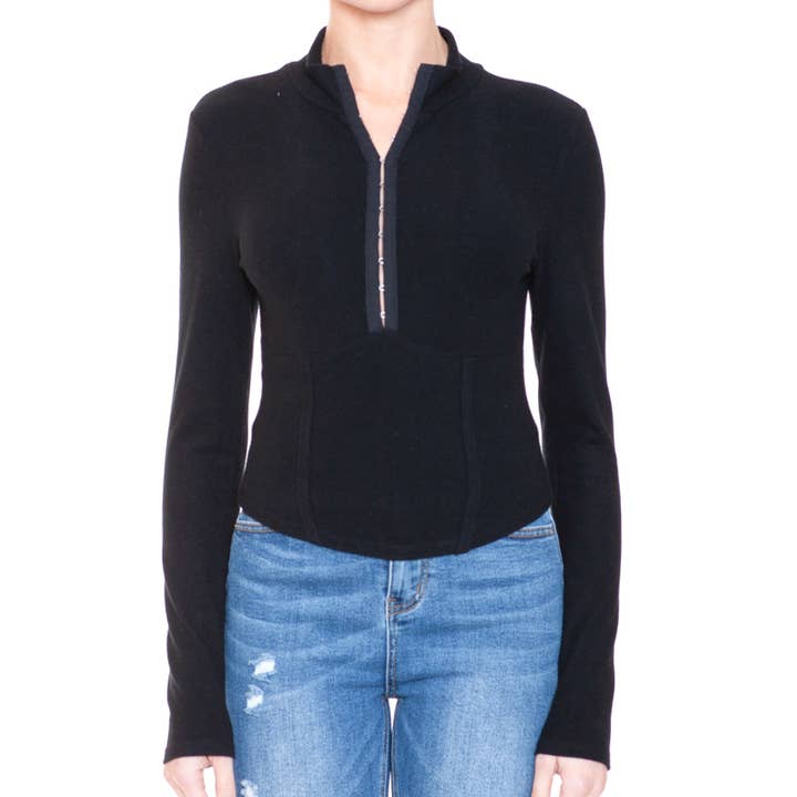 FREEZIA - Wholesale Knit Top - Women's - RIBBED LONG SLEEVE TOP WITH HOOK AND EYE-F75739