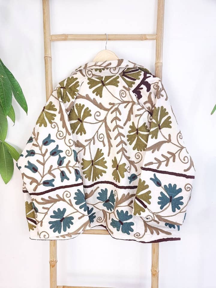 Essential Designs London – wholesale Jacket – Women's – Suzani Hand Embroidered Short Jacket | Autumn Winter Boho Uzbek Kashmir Crewel | Christmas Special Gift | Classic ElegantWhite Olive Teal7