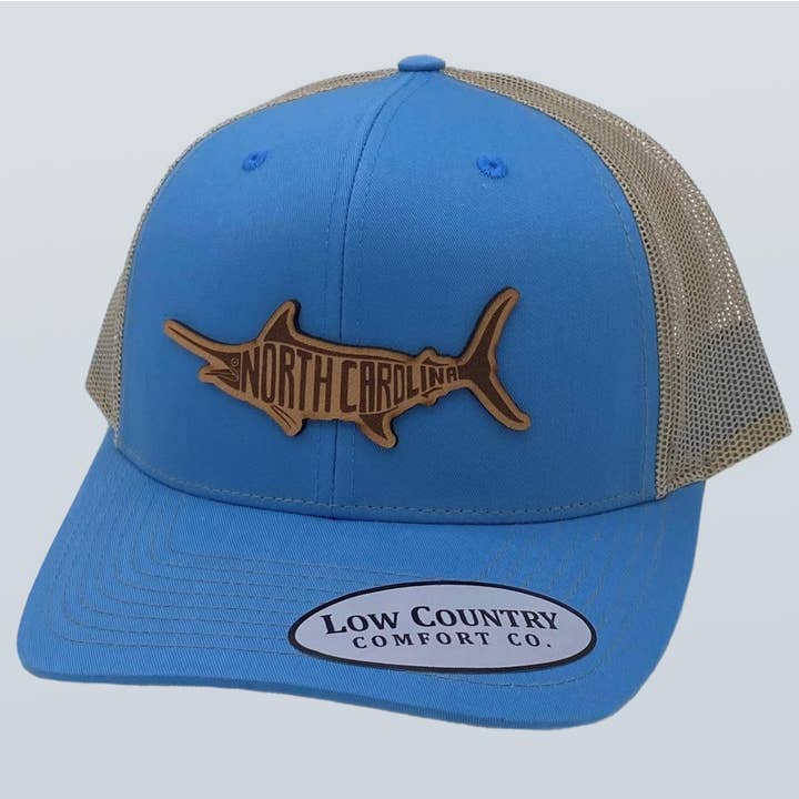 North Carolina silhuet Marlin Læder Patch Hat Columbia Blå/Khaki for engroshandel hos Riverbed Threads