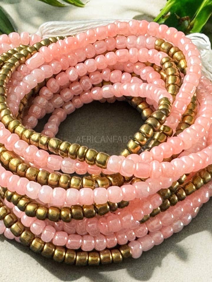 Waist Beads / African Hip Chain - Abinéné - Gold / pink (Traditional non-elastic string) for wholesale by AfricanFabs
