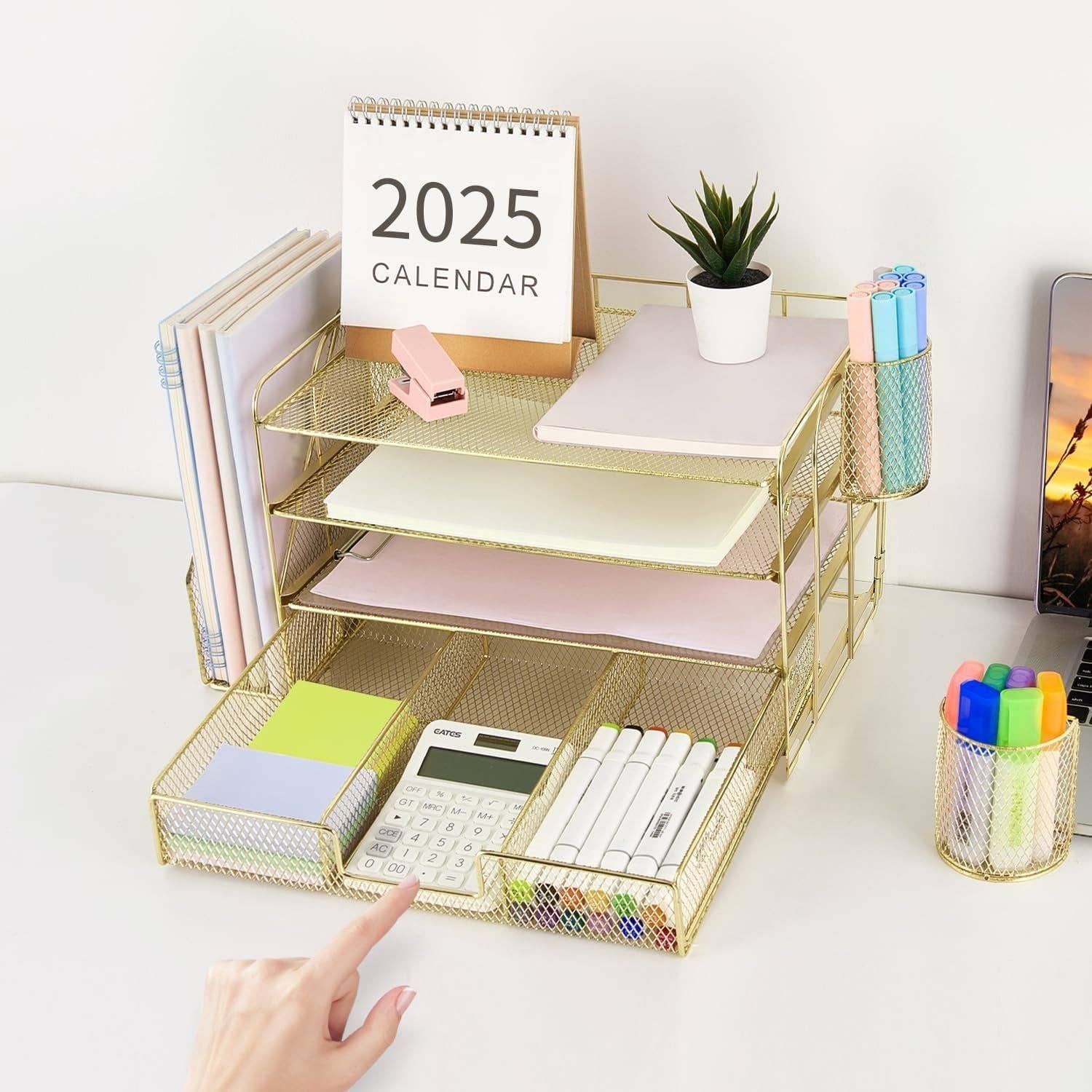 Gold 4 Tier Paper Tray Organizer With Drawer For Office Use for wholesale on Faire5