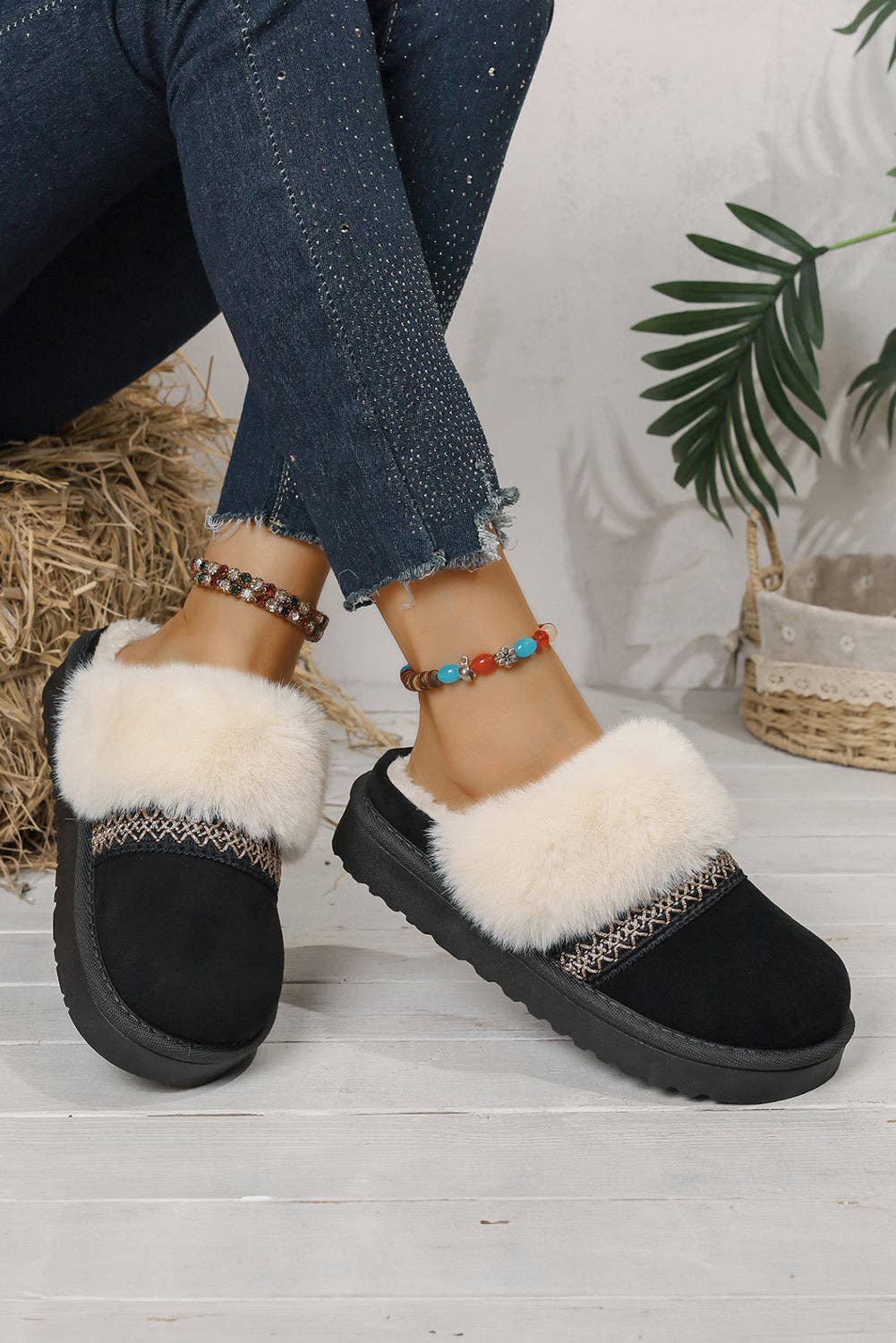 Lovesoft - Wholesale Slippers - Women's - Faux Suede Plush Trim Ethnic Mule Slippers4