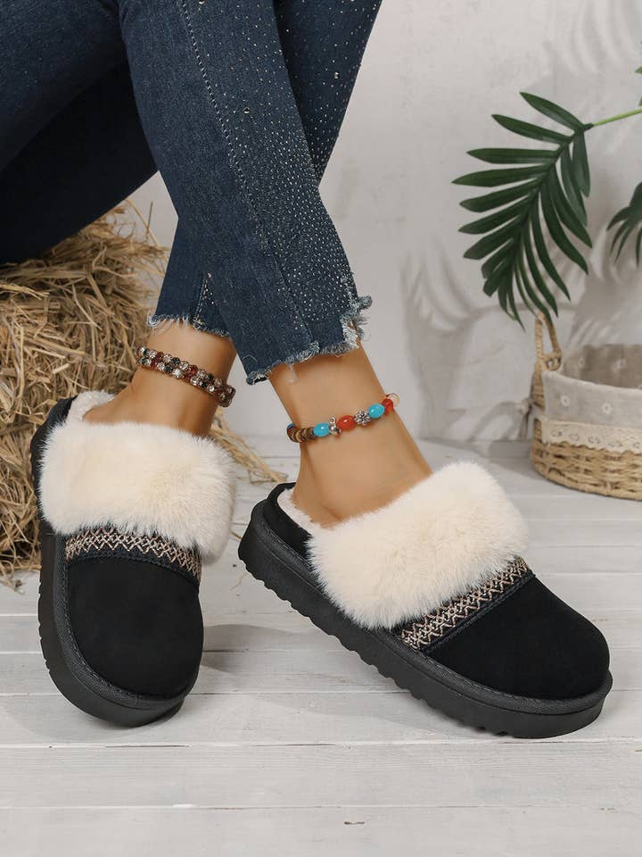 Lovesoft - Wholesale Slippers - Women's - Faux Suede Plush Trim Ethnic Mule Slippers4
