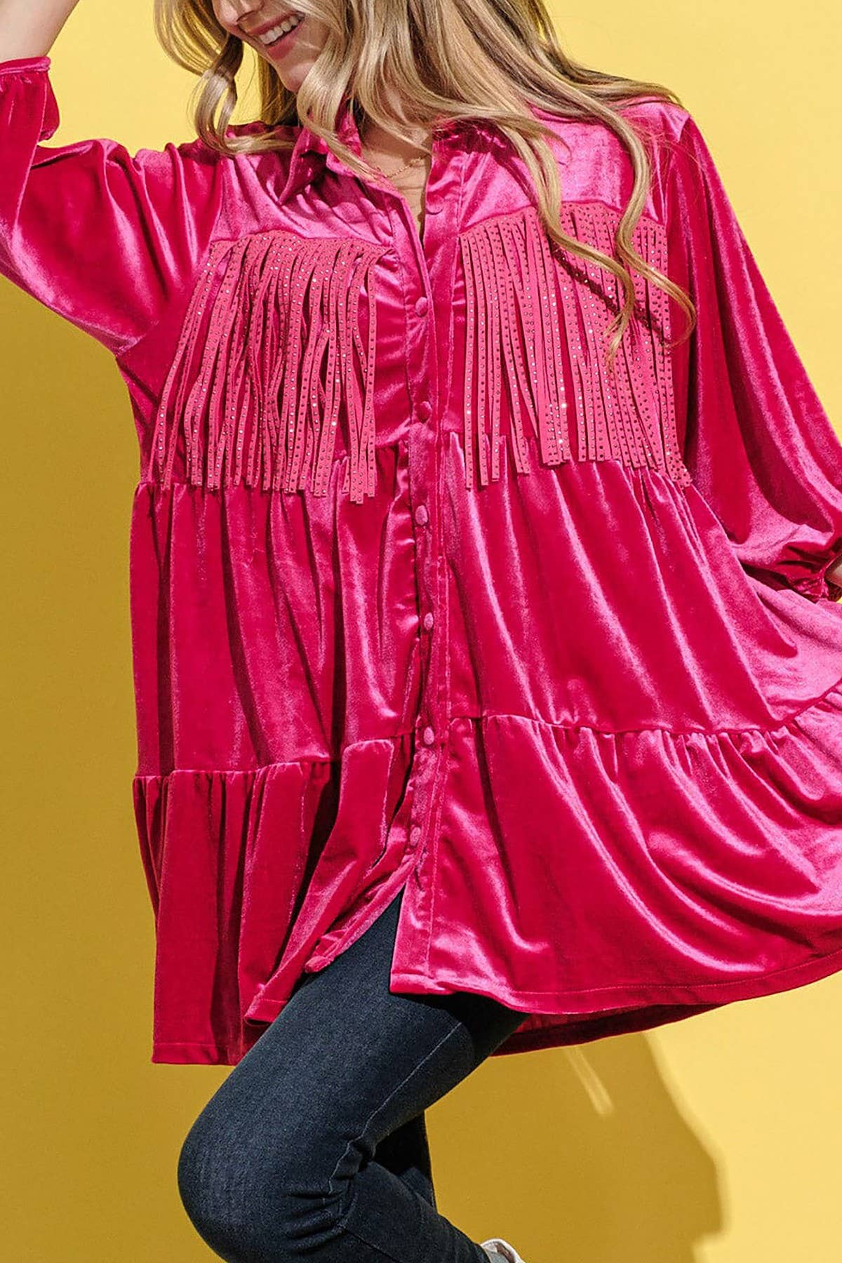 ROUSSEAU - Venta al por mayor Túnica - Mujer - TÚNICA DE TERCIOPELO SÓLIDO CON FLECOS Y MANGAS 3/4 ABOTONADA2