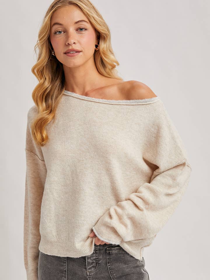 BOAT NECK ROLLED TRIM SOFT HEATHERED KNIT PULLOVER for wholesale by Bluivy