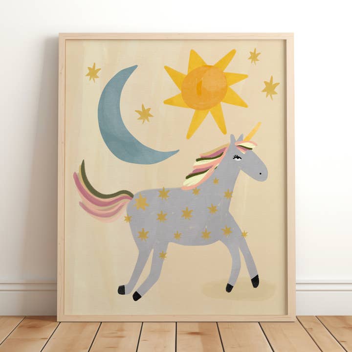unicorn sun and moon print, celestial kis boho wall art prin for wholesale by Lara and Kin