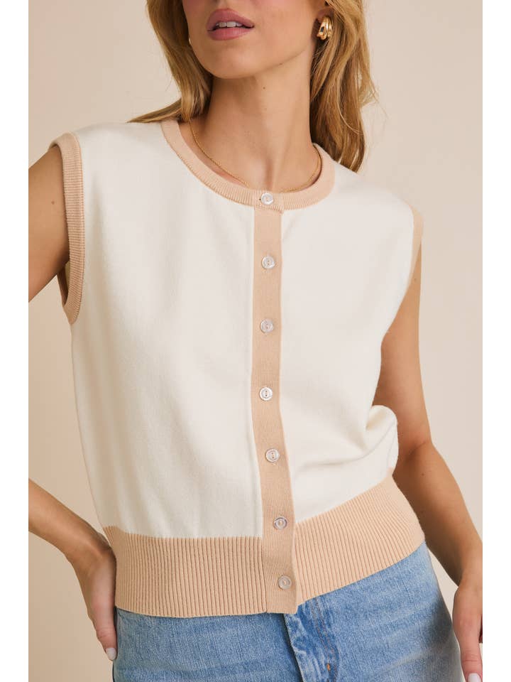 WHITE TAUPE CREW NECK BUTTON UP SLEEVLESS KNIT TOP for wholesale on Faire