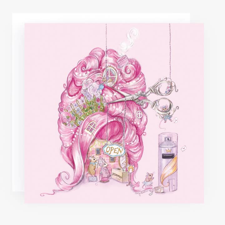 Mouse Hair Salon Illustrated Greeting Card (148mm Square) for wholesale by Alexandra Rose Illustration