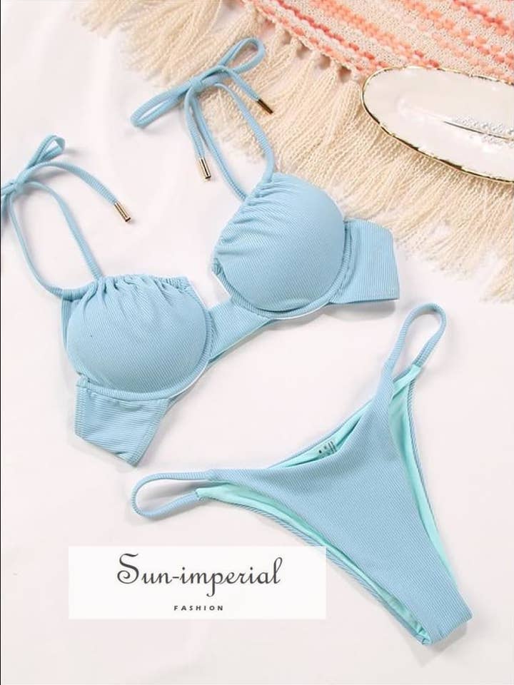 Women Light Blue Ribbed Plunge Push Up Bikini Swimsuit for wholesale by Sun Imperial