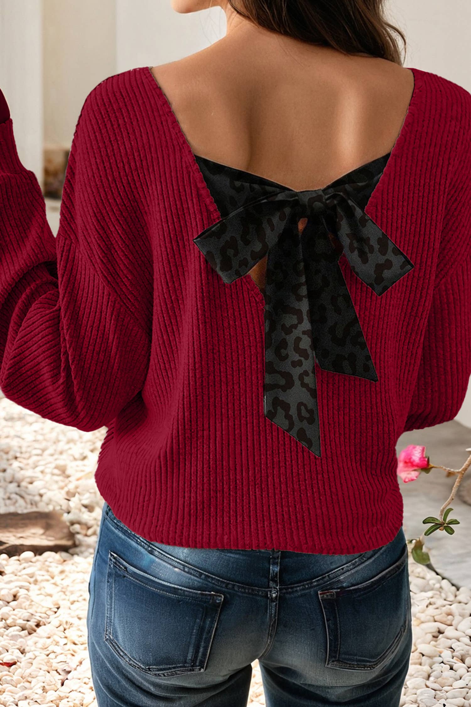 Little Daisy Closet - Wholesale Knit Sweater - Women's - LDC Leopard-Print Back Bow Tie Drop Shoulder Long Sleeve Top3