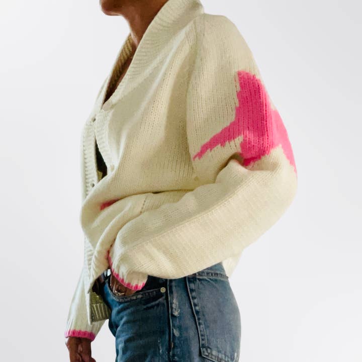 Pink Pineapple - Wholesale Cardigan - Women's - Varsity Chunky Cowboy in ivory/pinkÂ
