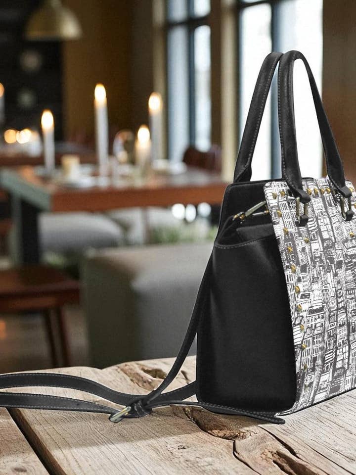 Urban Cityscape Print Handbag | Black & White Vegan Leather Satchel | Stylish Travel Shoulder Bag for wholesale by DTrendy shop