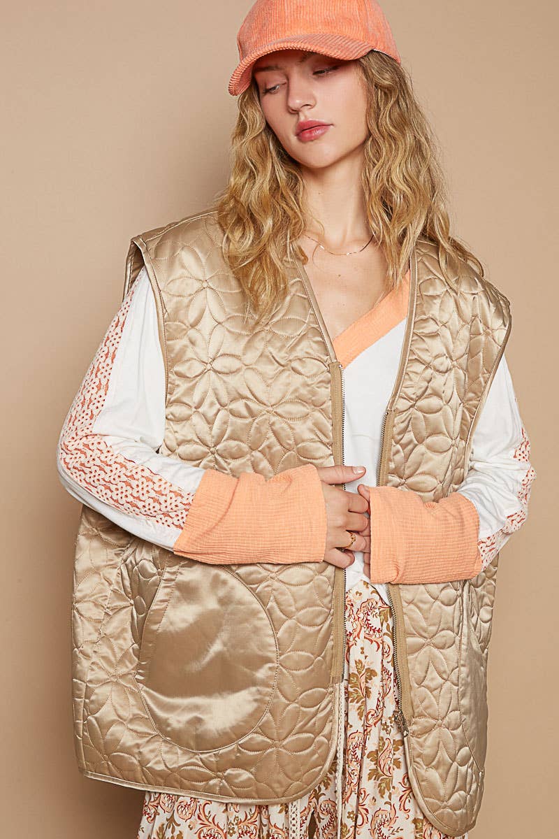 MOCHA Out seam zipper pockets floral patterned quilted vest SALE for wholesale on Faire2