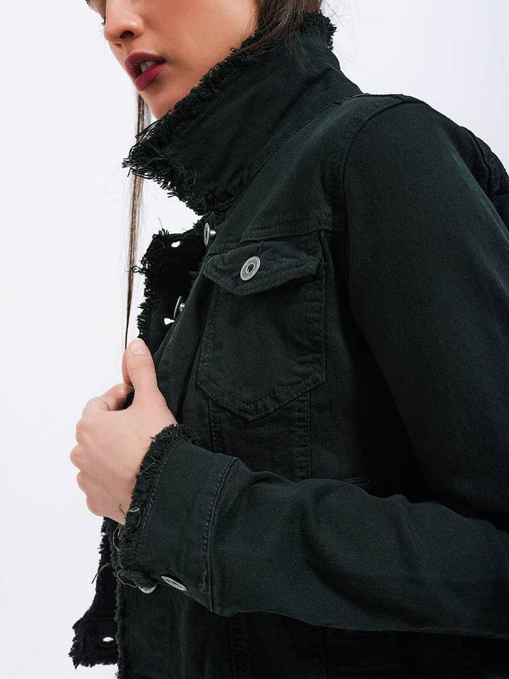 Giacca in denim nero con bordo grezzo per la vendita all'ingrosso da parte di Q2 Free Duties for US & UK