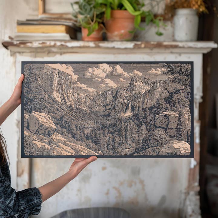 Yosemite Valley Engraved Illustration for wholesale by Benoit's Design Co.