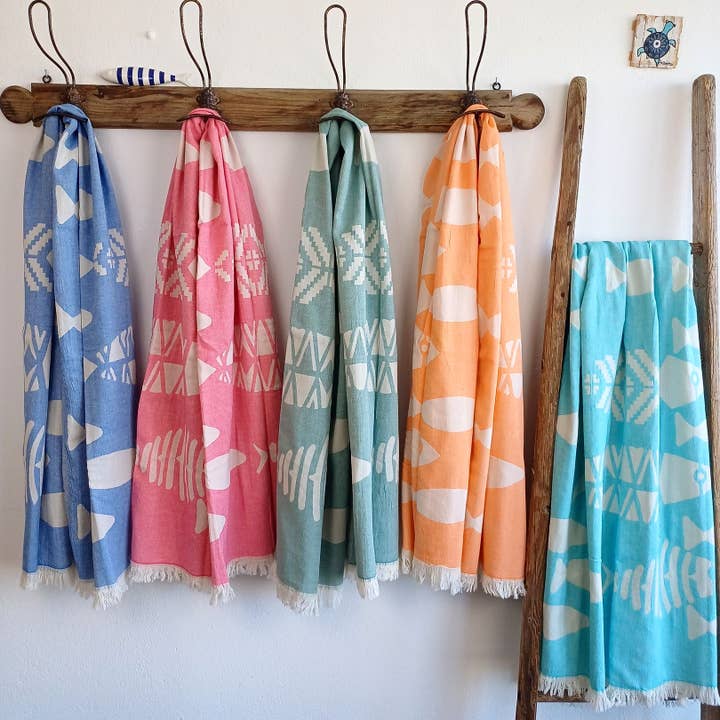 KASALUZ - Vente Serviette de plage - Fouta Poissons Orange Jacquard 100% coton