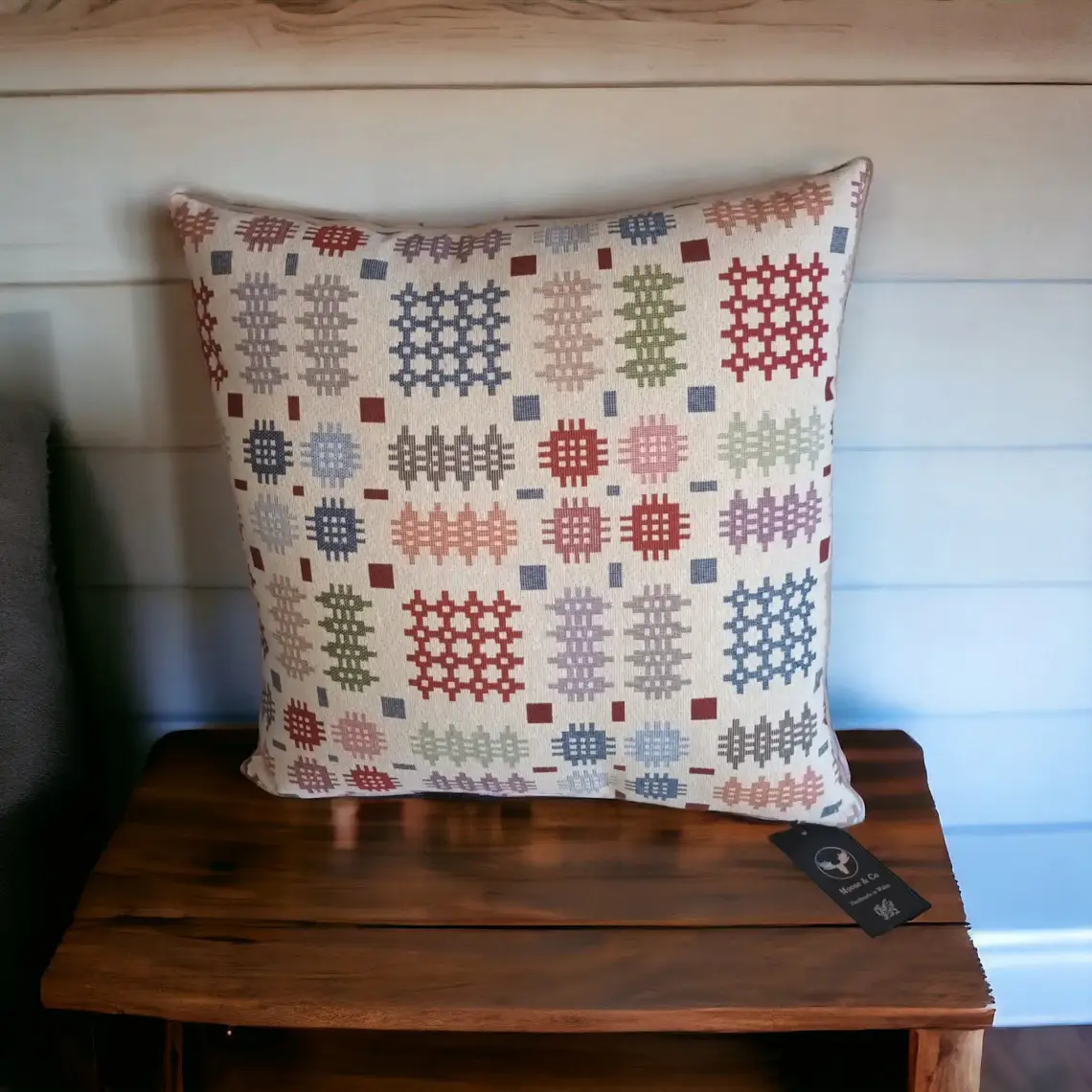 Moose & Co – wholesale Chair cushion – Cream rainbow Welsh Tapestry Blanket design Square Cushion 0