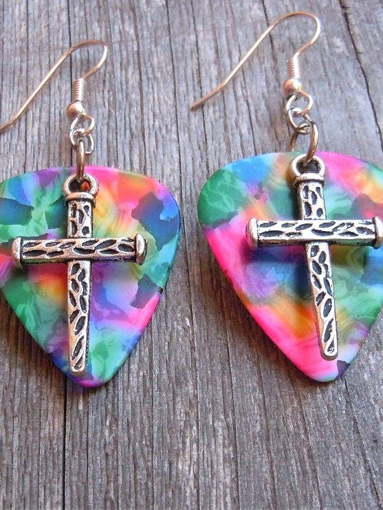 Cross Made of Nails Charms Guitar Pick Earrings for wholesale by Simply Raevyn