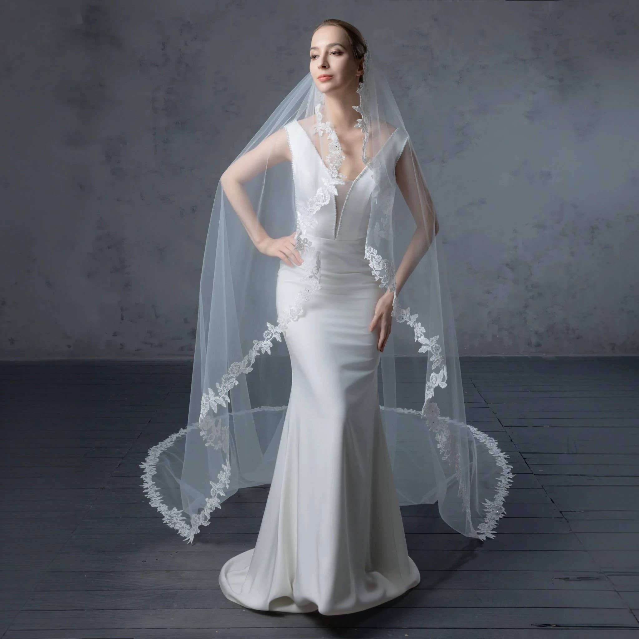 Farinosa Bridal – Véu - Mulher por atacado – FS6217-AC Véu de Noiva de Renda Floral Corte Anjo 108" 120"6