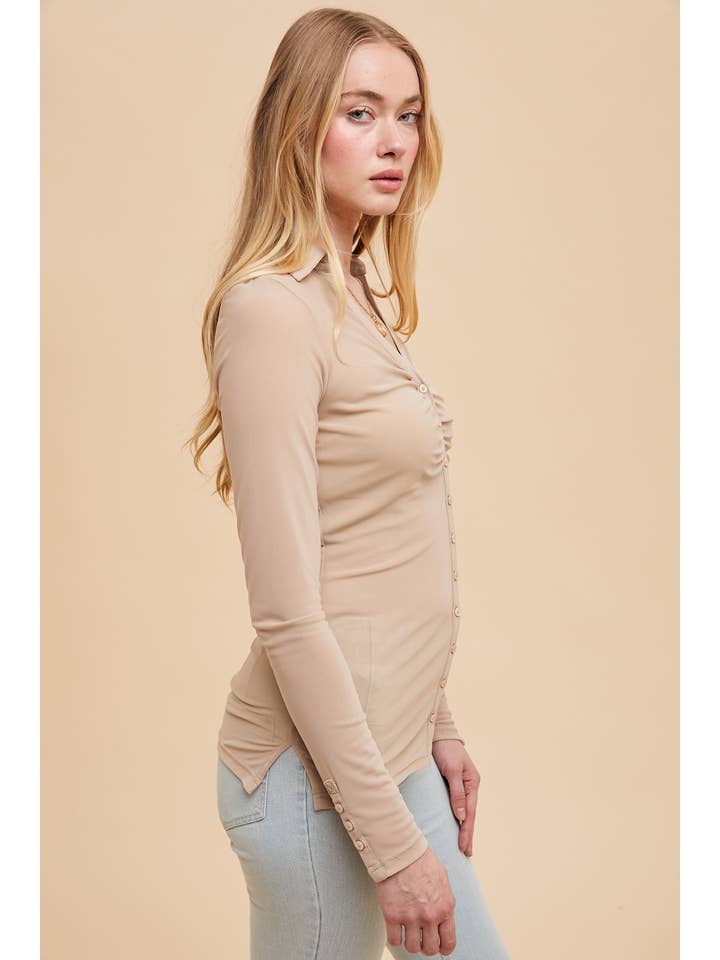 In Loom - Wholesale Button Down Shirt - Women's - MICRO MESH BUTTON DOWN TOP1