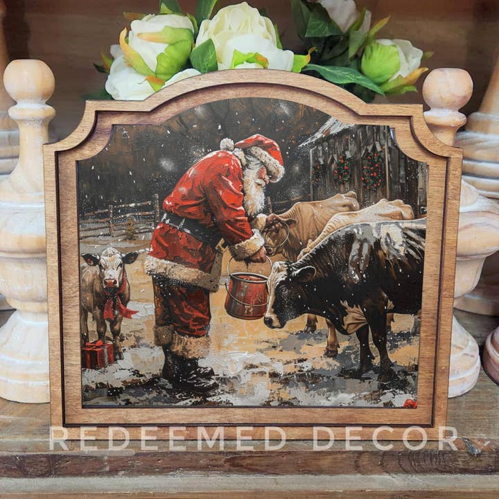 Redeemed Decor - Vente Décorations de table - Art encadré de Père Noël provincial avec des vaches0