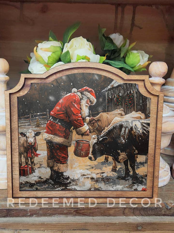 Provincial Santa With Cows Framed Art  for wholesale by Redeemed Decor