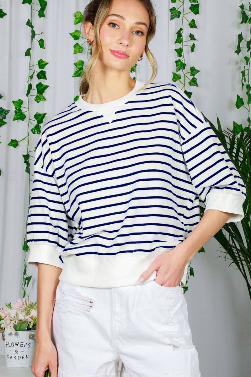 Vine & Love - Wholesale Sweatshirt - Women's - Crew Neck 1/2 Sleeve Cotton Strip Sweatshirt Top VT822190