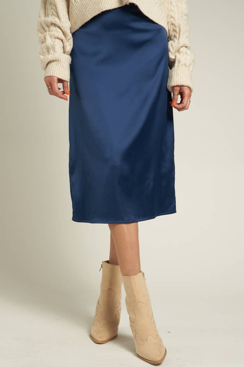 NAVY Satin Midi Skirt with Back Slit for wholesale on Faire1