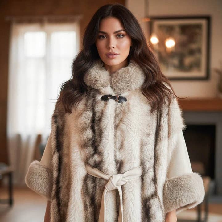 MCCACBE One Size Beige Faux Fur Belted Cape Contrast Pattern for wholesale by LOOWIE