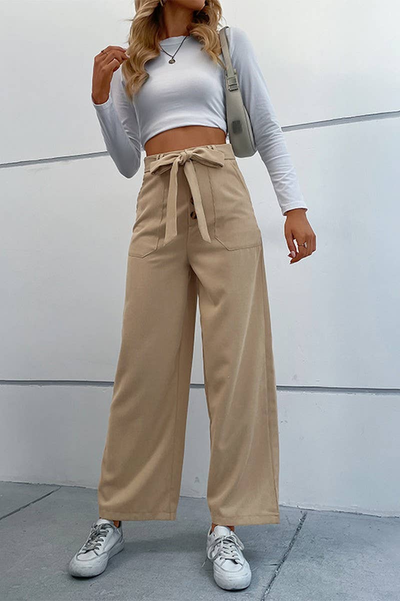 KHAKI WOMEN STRAIGHT LEG FRONT TIED LONG CASUAL PANTS_CWBLP0341 for wholesale on Faire1