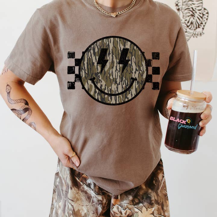 Camo Smiley Retro Tee for wholesale by Black Diamond Creations