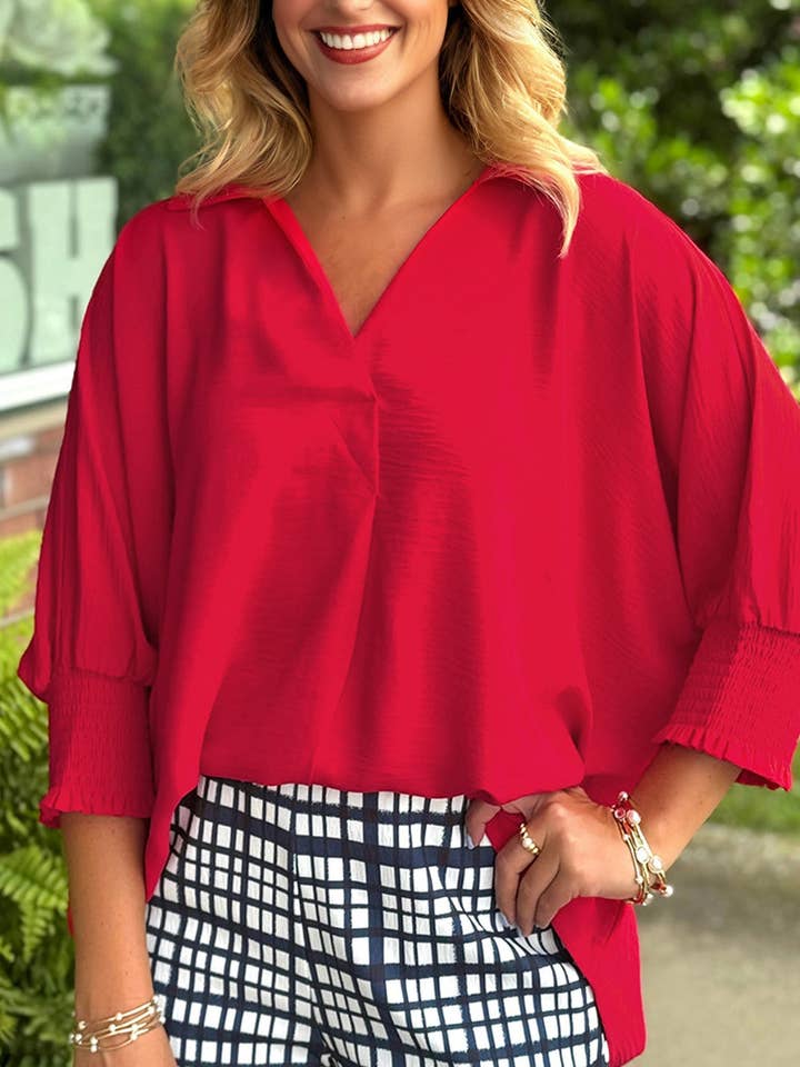 Solid Shirred 3/4 Sleeve Top for wholesale by LALA LOO