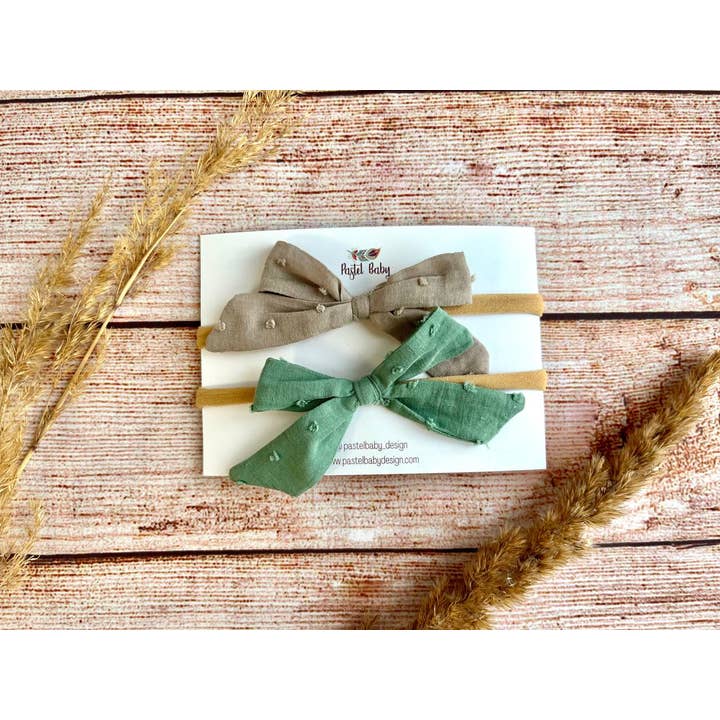 Classic Cotton Headband Bow Set - Plumeti Green/ Beige for wholesale by Pastel Baby