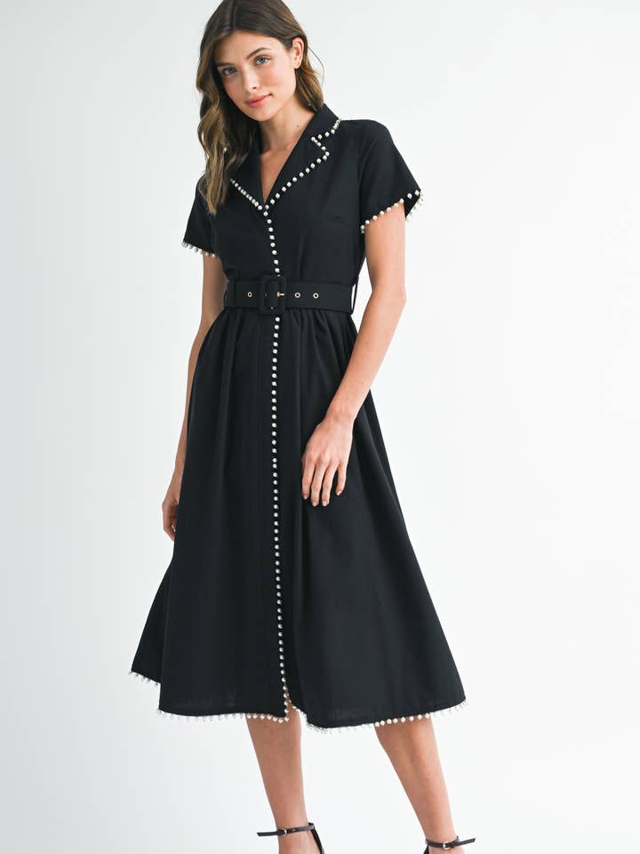 Endless Blu - Wholesale Dress - Women's - SHORT SLEEVE COLLARED MIDI DRESS WITH PEARL DETAIL14