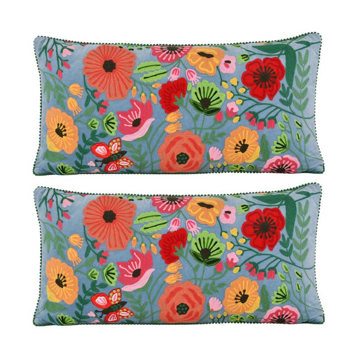 Set 2 of Floral Soft Blue Velvet Pillows 18X28" for wholesale by Karma Living